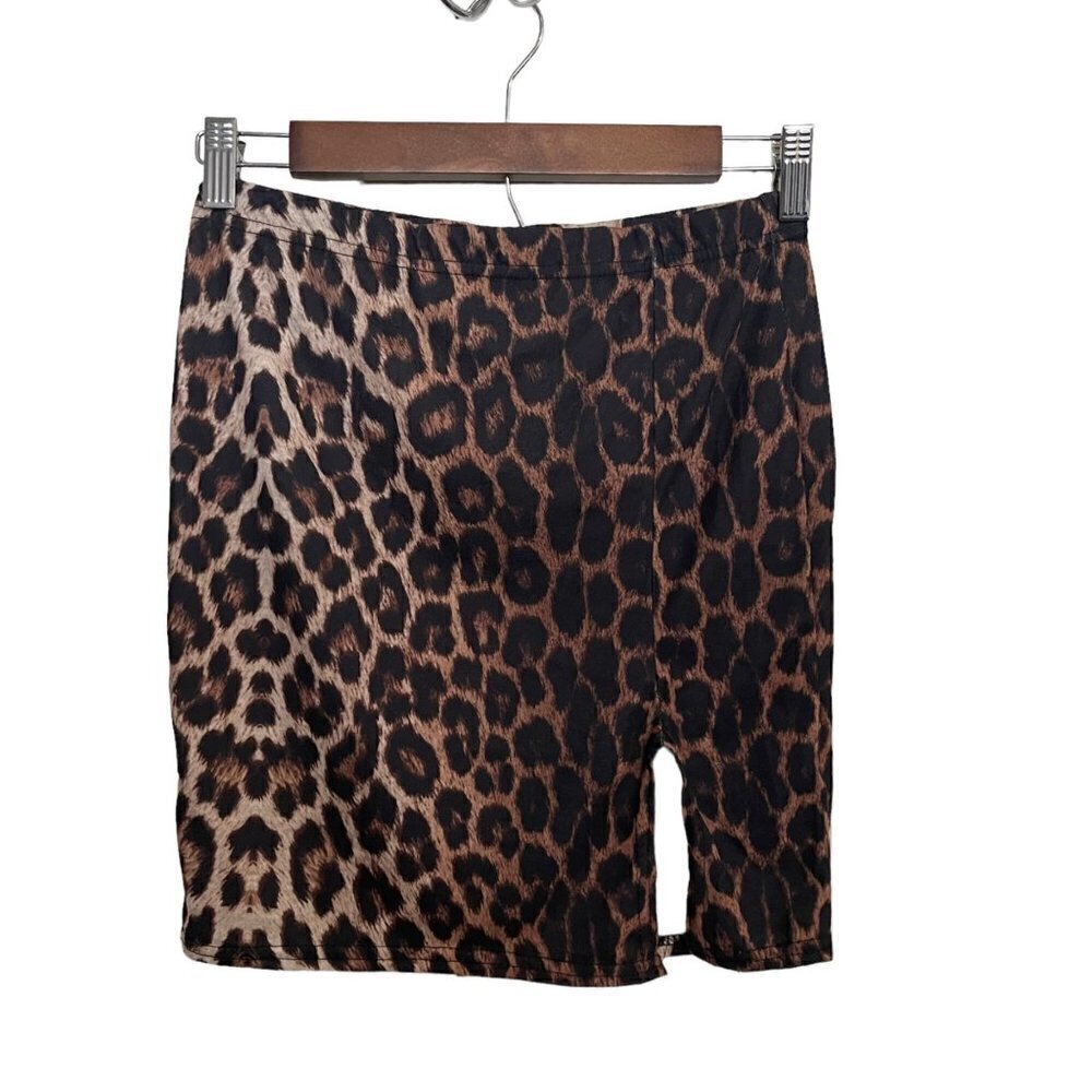 Nastygal Women Black Brown Leopard Print Stretch Y2K Front Slit Mini Skirt Small